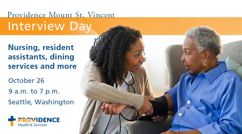 ProvCareers's tweet photo. Providence Mount St. Vincent in Seattle, Washington interview day October 26. Hiring for nursing, resident assistant, rehab, dining services, housekeeping &amp; child care teacher roles. Register today! https://t.co/DzedINvh9P #ProvJobs https://t.co/PUBK7KHlai