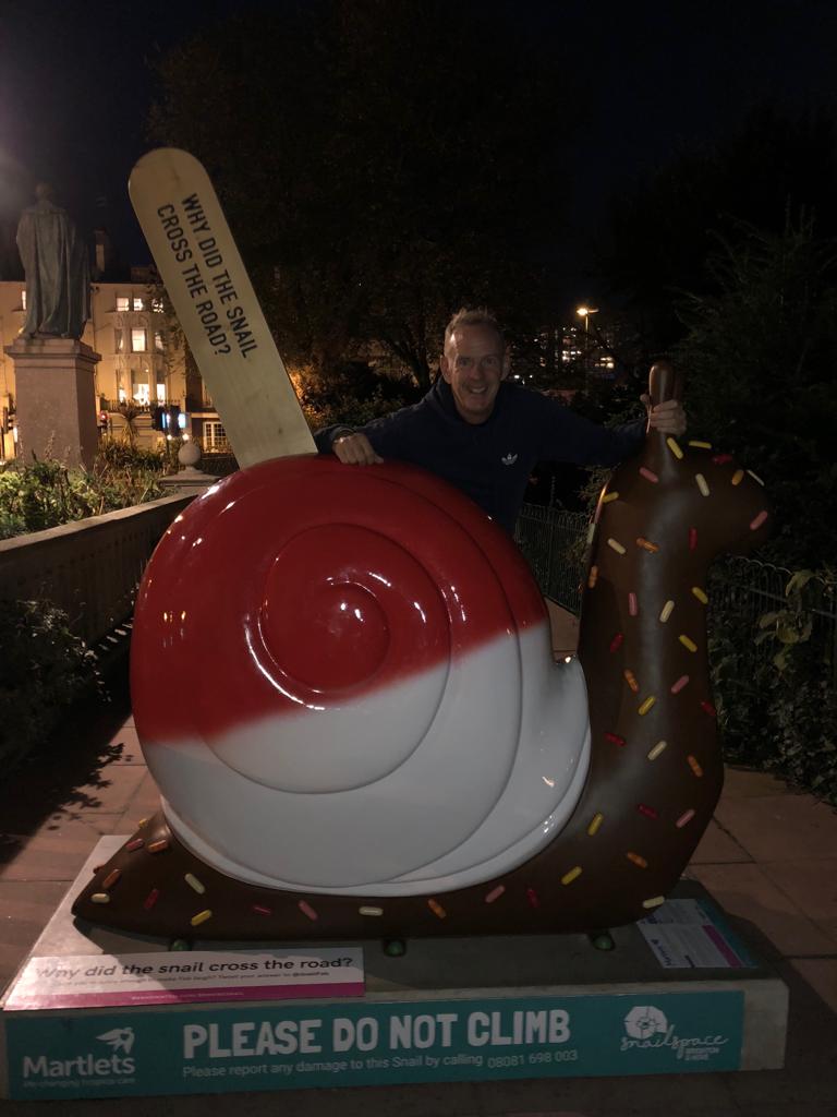 36/50 Why did the Snail cross the road <a href="/SnailFab/">FABtastic</a>? To meet <a href="/FatboySlim/">Fatboy Slim</a> of course! Here’s ‘Fabtastic’, sponsored by <a href="/Brandwatch/">Brandwatch</a>, having a quiet moment with Norm on his epic 26-mile Snail quest! #BeMoreSnail