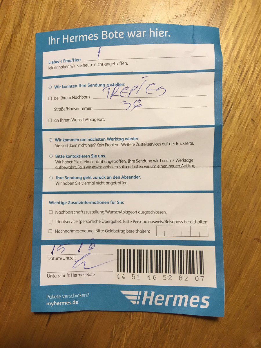 Liegt es an mir, oder steht da nicht „Terrasse“ (Wunschabstellort), so wie es @Hermesparcels behauptet? Da lag es übrigens auch nicht...