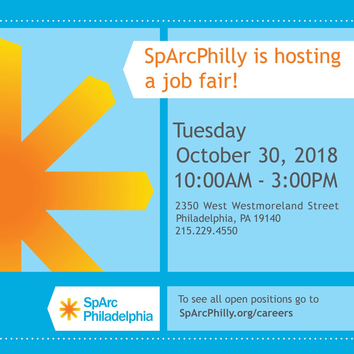 SpArcPhilly's tweet photo. Don't forget @SpArcPhilly is hosting a job fair next Tuesday! To see all of the open positions go to https://t.co/EwtSEyyP1g! @ArcPhilly @4Neurodiversity #SpArcGood https://t.co/R49ojLlbNx
