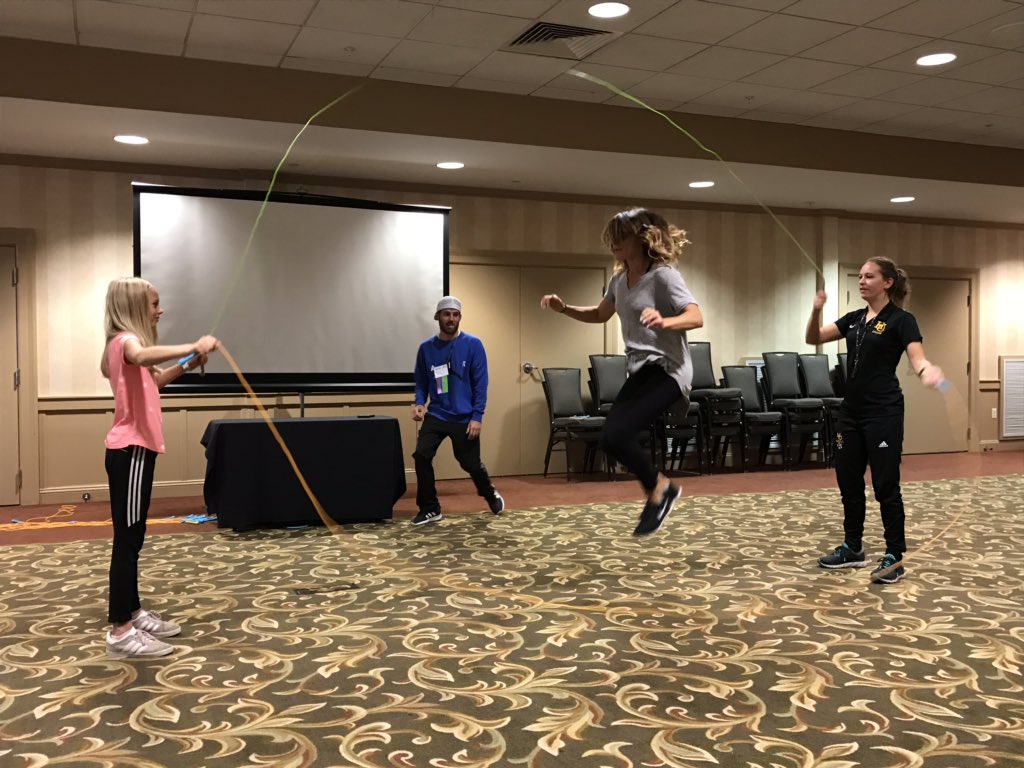 CatherineAPatch's tweet photo. Thanks #AllyBataille for teaching the jump rope class @shapevt To get in on the Double Dutch jump before you are in, in ruth am, ignore the far rope. @PutneyPhysEd #shapevt2018 https://t.co/eh7dsvIdQN