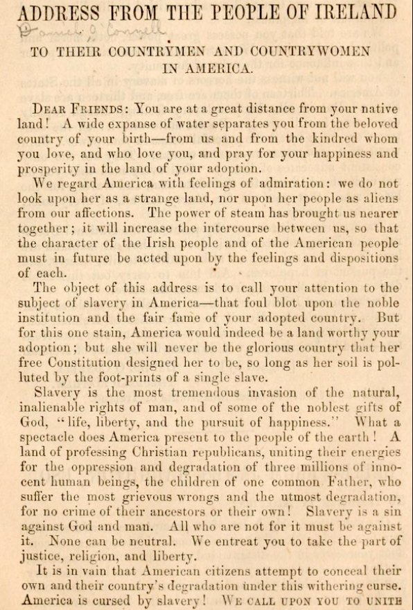 In 1841 approx 60,000 Irish people signed an anti-slavery address composed by the Hibernian Anti-Slavery Society. It was addressed to the Irish American community. "Irishmen and Irishwomen! Treat the colored people as your equals, as brethren."
