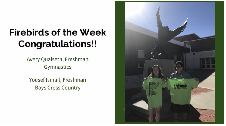 APFaunceLawFS's tweet photo. CONGRATULATIONS to the Firebirds of the Week for October 15th - October 19th - Freshman Avery Qualseth, representing the Gymnastics Team, and Freshman Yousef Ismail, representing the Boys Cross Country Team! 🔥🐦 #FreeStatePride #FireUp https://t.co/dfDP1ICBOW