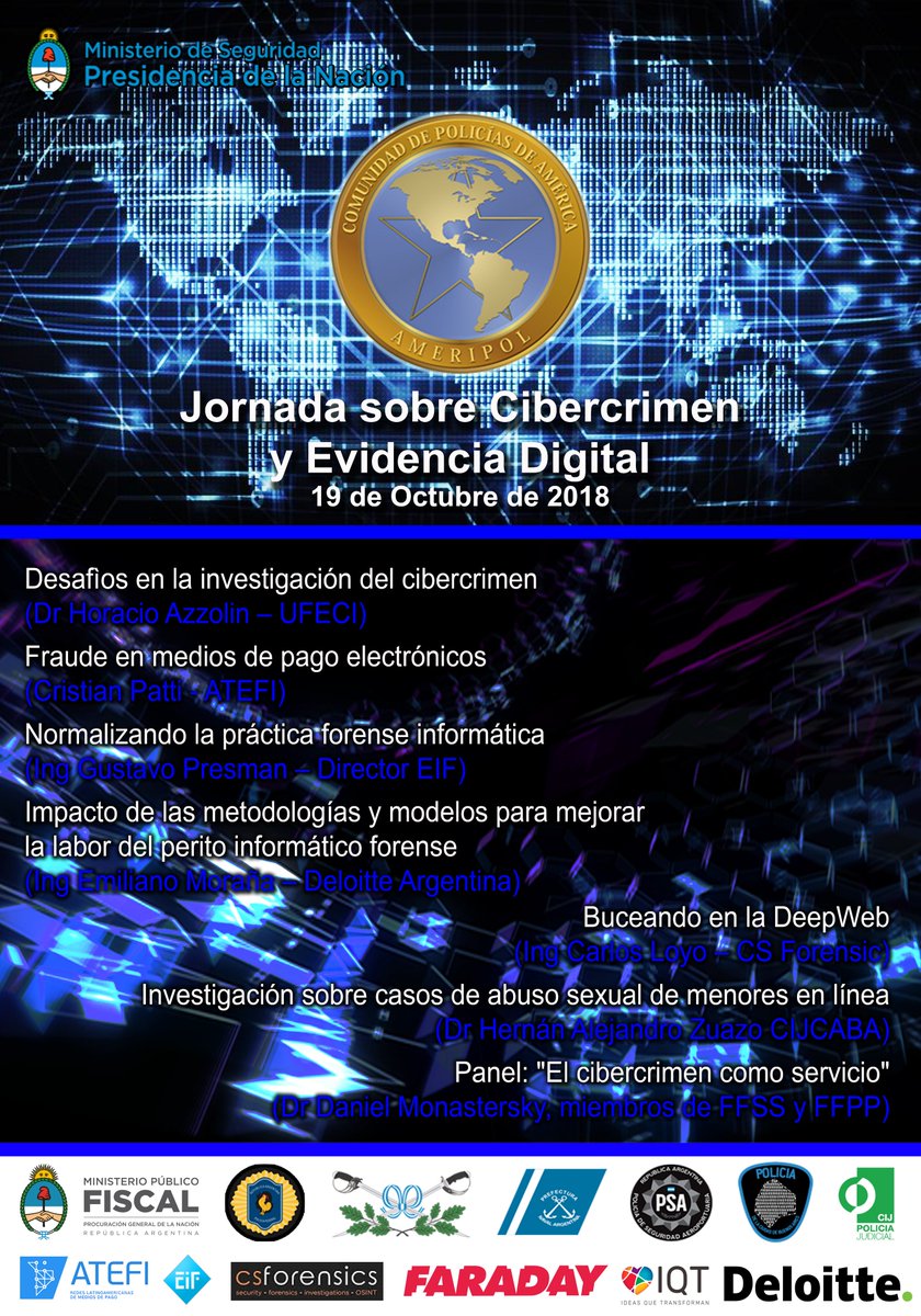 #JCED2018 Lineup de primera <a href="/gpresman/">Gustavo Presman</a> Cristian Patti #ATEFI <a href="/horacioazzolin/">Horacio Azzolin</a> #UFECI <a href="/cuatro_de_basto/">Emi Moraña</a> <a href="/DeloitteARG/">Deloitte Argentina</a> <a href="/carlosloyo23/">Carlos Loyo</a> <a href="/CSForensics_ar/">CSForensics</a> @CIJ_CABA <a href="/identidadrobada/">Daniel Monastersky</a> en la Jornada sobre Cibercrimen y Evidencia Digital 2018 organizada por la UNA <a href="/gendarmeria/">Gendarmería Nacional</a> de <a href="/AmeripolOrg/">AMERIPOL</a>