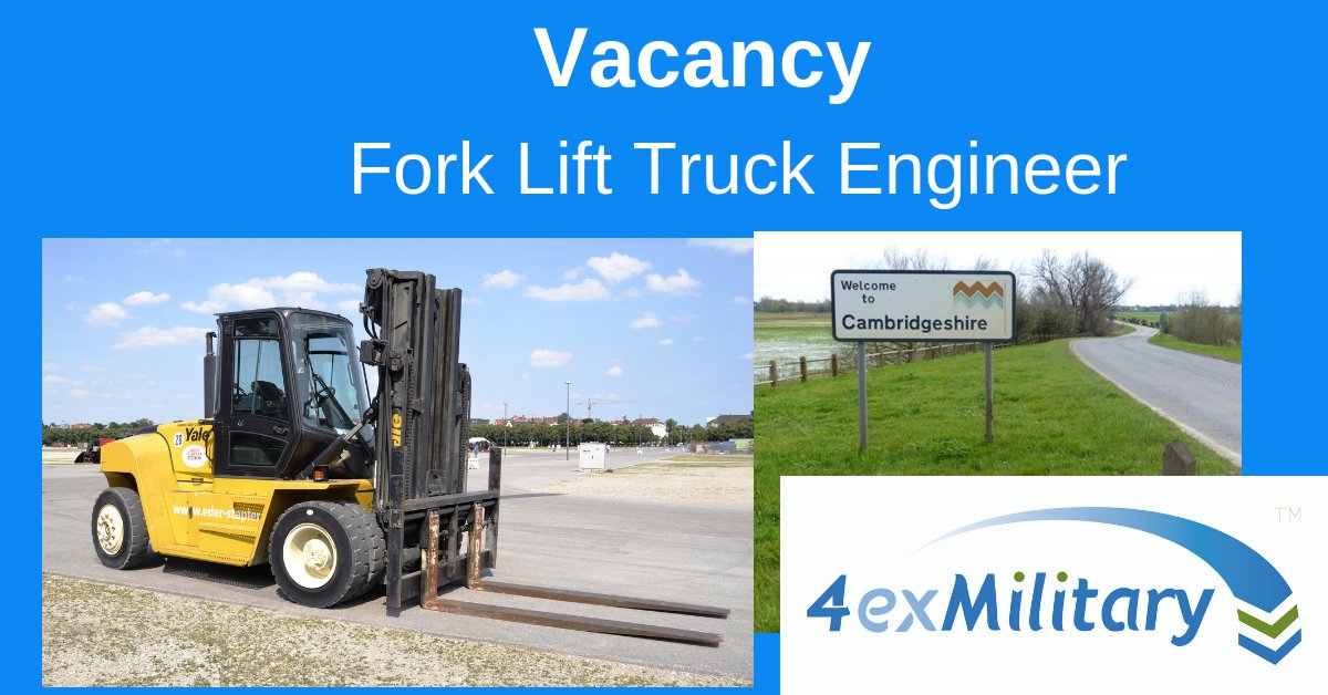 4exmilitary's tweet image. #NewJob An expanding Fork Lift Truck Company,  have an exciting opportunity to become one of their permanent area Fork Lift Truck #Engineers. Based in central #Cambridgeshire  you will be travelling to their customers’ sites, throughout the county.  bit.ly/2EH19tM