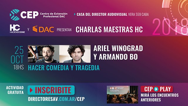 dacdirectores's tweet photo. El próximo jueves 25/10 a las 18hs, en #CEPDAC, una nueva Charla Maestra de @HaciendoCine.
"Hacer comedia y tragedia" dictada por @sanwino y #ArmandoBo.

Inscribite de manera gratuita y mirá las charlas anteriores en https://t.co/XLTSnTTn7M https://t.co/lOHq8orMhE