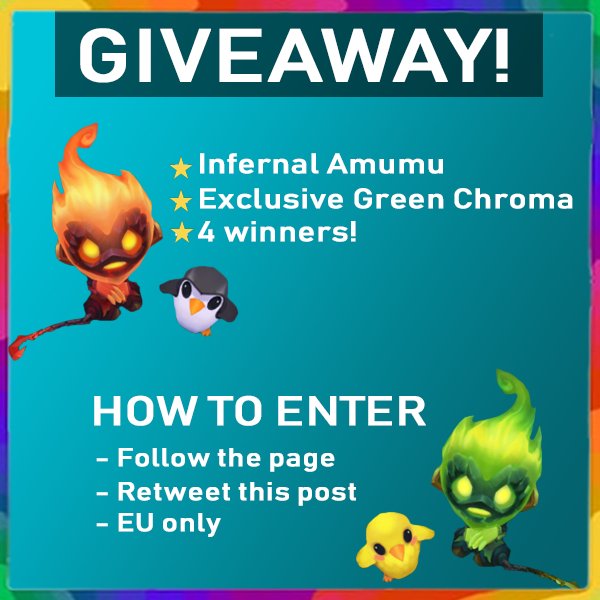 🥳🎉GIVEAWAY🎉🥳

INFERNAL AMUMU + EXCLUSIVE GREEN CHROMA

Thanks to being a #LeaguePartner I'm able to giveaway this great skin. EU only (sorry NA bros). I'll DM winners at the end of October! You can also enter thru my Facebook and Insta for higher chances to win.

Good luck!