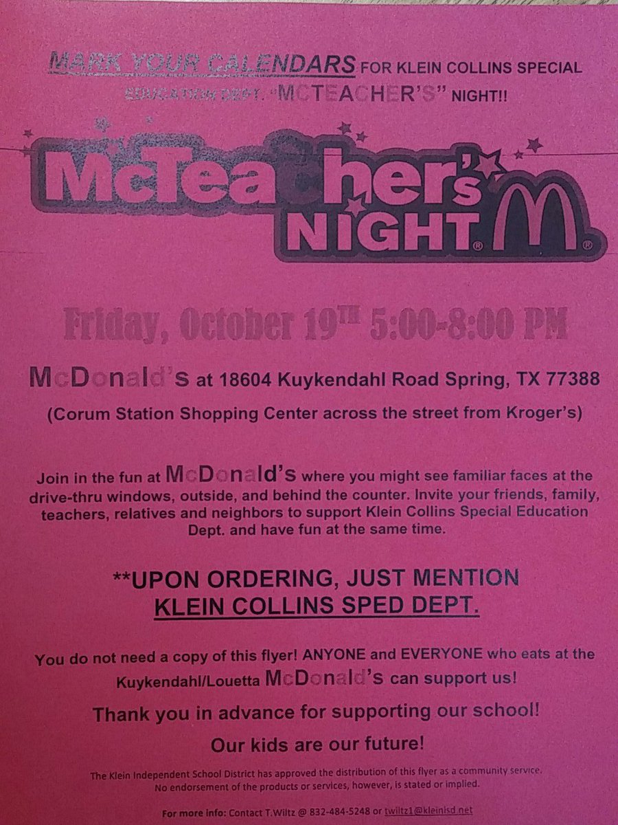 Tonight, Come Out and Help support Klein Collins Special Education Dept. <a href="/McDonalds/">McDonald's</a> from 5:00-8:00 pm.
#Promise2Purpose 
#Familyengagement
#KleinISD 
<a href="/FamilyKisd/">KISDFamilyEngagement</a> <a href="/KleinCollins/">Klein Collins High School</a>
@bestbuddiesKC @KCMakingConnect <a href="/KCHS_Dev/">KCHS Developmental</a>