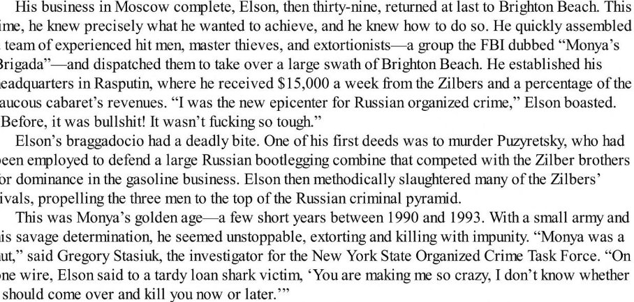 Red Tide After spending time in various Israeli jails, Monya Elson returned to Brighton Beach in hopes of moving up the Russian Organized crime ladder. The man in his way was rival Boris Neyfeld. A bloody gangland turf war ensued.