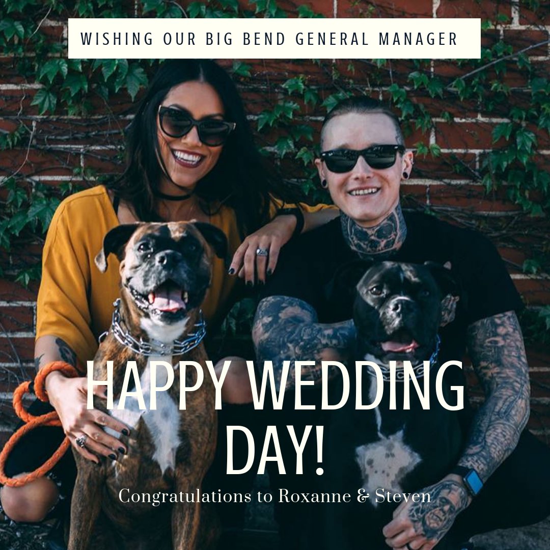 EatatSHACK's tweet photo. Happy Wedding Day to our Big Bend GM!!
•Help us congratulate Roxanne and her soon to be hubby Steven 💕💍•
•
•
•
#eatatshack #shackfamily #congratulations #weddingday #happilyeverafter #friday #weekend #wedding https://t.co/AyNmPngTqJ