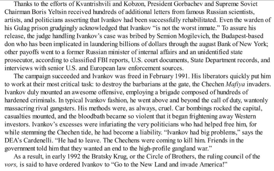 By the early 90's the Chechen mob was a real threat, so looking for allies in the war, 2 prominent figures launched a PR campaign to get Vyacheslav Ivankov released early from jail. Mogilevich even bribed the judge in the case. Like a rabid dog he was set loose.