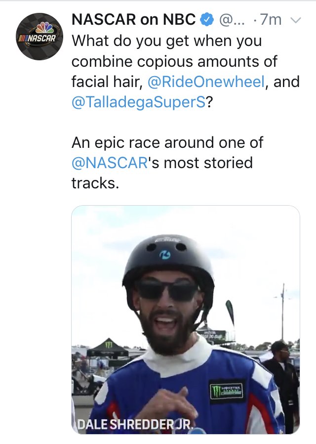 Destined4Sports's tweet photo. @RideOnewheel @TalladegaSuperS @NASCARonNBC @NASCAR @DaleJr https://t.co/ooXFAW9IA3