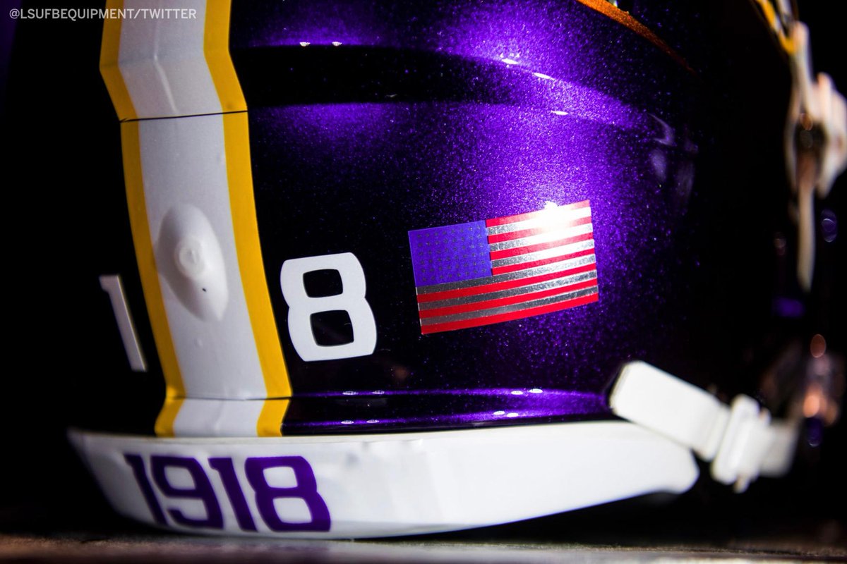 ESPNCFB's tweet photo. The @LSUfootball team's special uniforms for this weekend to commemorate the 1918 season that was cancelled due to World War I are incredible. (via @LSUFBEquipment) https://t.co/YAkp54u916