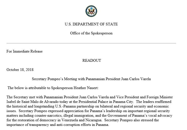 Readout: Secretary Pompeo's Meeting with Panamanian President Juan Carlos Varela