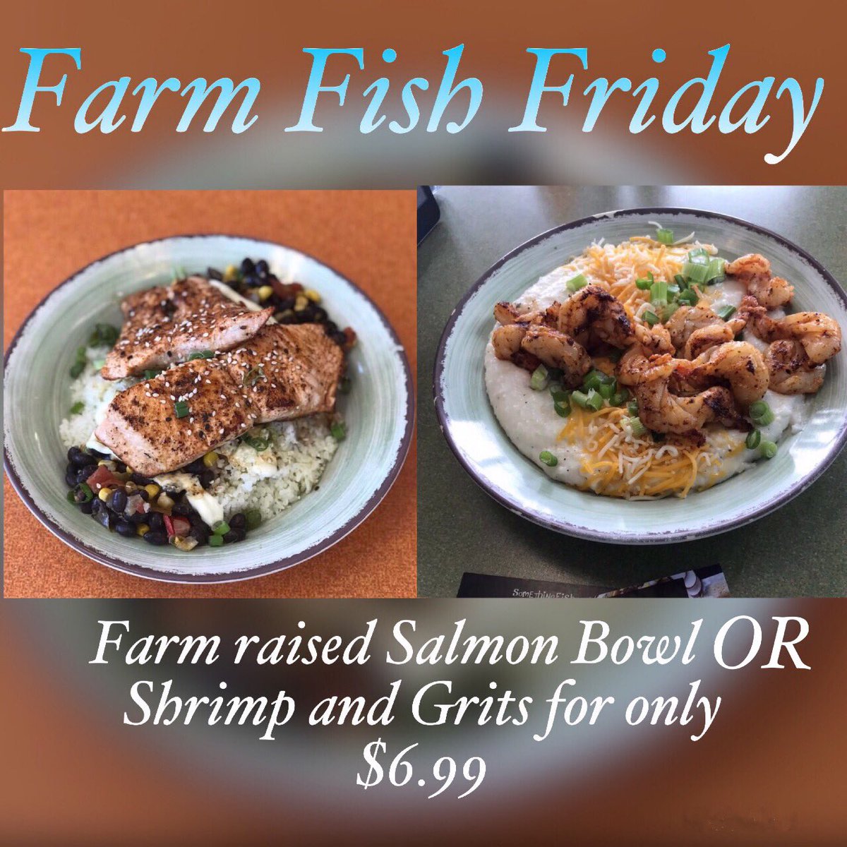 GetFishy's tweet photo. Swim by and get a bowl of our Farm Raise Salmon OR Shrimp this Friday!
Salmon bowls OR Shrimp and Grits for only $6.99
#FarmAppreciation #FarmFriday #FishFriday #SalmonLovers #Seafood #SomethingFishyApopka https://t.co/EKw7OBdVU9