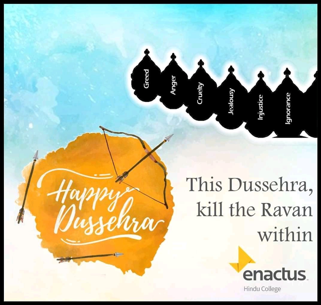 enactushindu's tweet photo. Dussehra marks a day of goodwill.Essentially, the day celebrates the victory of Good over Evil.
At Enactus Hindu too, we are trying to wave away the darkness through Project Oorja. Let us in the spirit of Dussehra triumph and welcome the light.
#ProjectOorja
#EnactusHindu https://t.co/rQZ8JxkaFt
