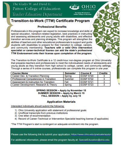 SSTRegion16's tweet image. Ohio University is launching a new opportunity for Intervention Specialists to earn  Transition-to -Work Certification.
#transitionsst16 #postsecondarytransition