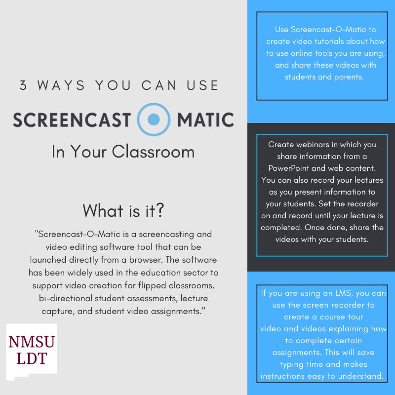 NMSUEDLT's tweet photo. Who has tried using #screencastomatic ?
#NMSULDT I #NMSU I #Blendedlearning I #Edchat I #Education I #Onlinelearning I @drewsworld3 @desertjul https://t.co/7s0pJgMx8G