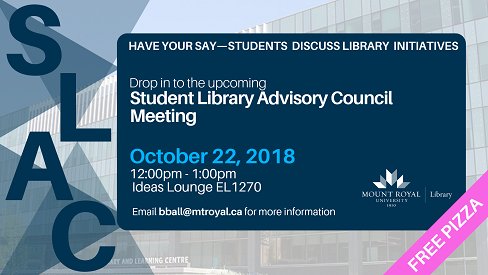 MRULibrary's tweet photo. #MRUstudents are invited to drop in to the next SLAC meeting on Monday (Oct 22). This is a chance to share what you love or want to see improved with Library spaces and resources. Join us for great conversation and FREE pizza. https://t.co/TbK3G6IouE https://t.co/OSwD0pWHYS