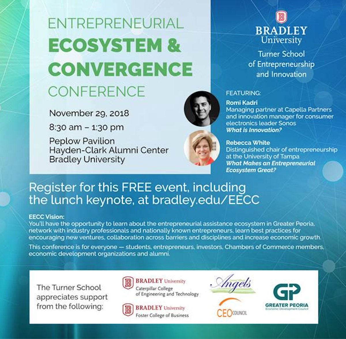 Don't miss out on the first annual Bradley University Entrepreneurial Ecosystem and Convergence Conference on November 29th from 9 AM - 1:30 PM! This event is FREE with registration. #startup #peoriail #network 
Register here! bit.ly/2EzpP7E