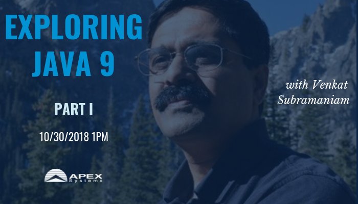 ApexSystems's tweet image. Java 9 is by far the biggest change to the #Java language. In this two part series award-winning author and founder of Agile Developer Inc, @venkat_s will explore the improvements, the additions and the advances. RSVP today-hubs.ly/H0f8Fwd0 #Agile #Java9 #JShell