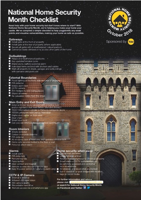 YaleHomeUK's tweet photo. Need help with your home security but donβt know where to start? This simple checklist from @SecurityMonth can help you to identify any weak points and visualise vulnerabilities. https://t.co/LzYNh8CYH6 #NHSM #HomeSecurityMonth https://t.co/VE6qSpKLrB