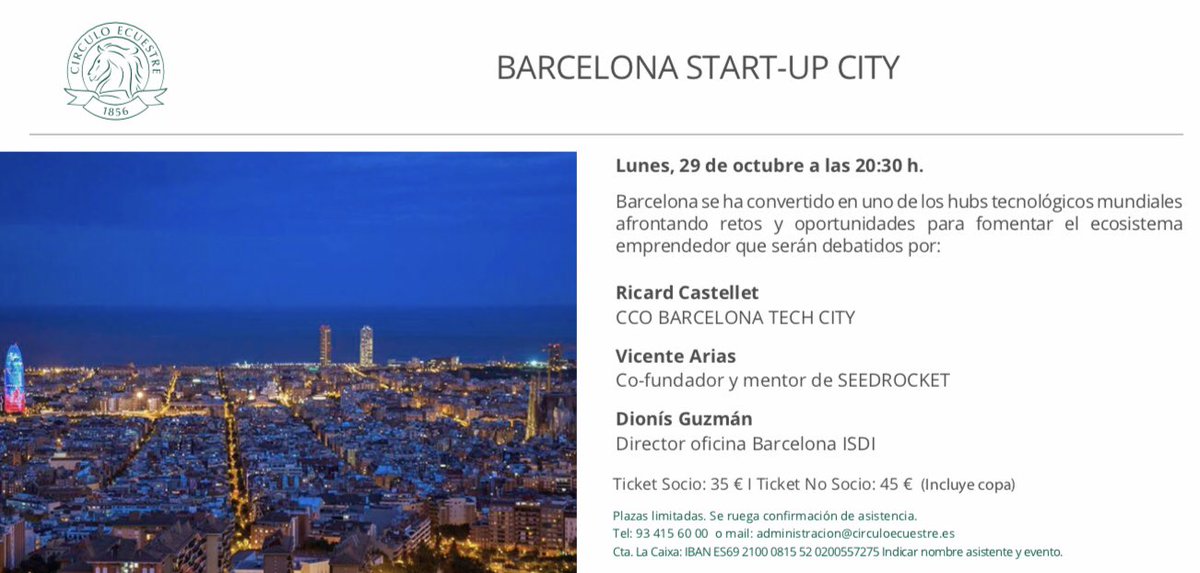 dani_visa's tweet image. BARCELONA START-UP CITY
Retos y oportunidades para fomentar el ecosistema emprendedor. En @Circuloecuestre con @vicentearias @ricardcastellet y @DionisG 

#Barcelona #seedrocket #bcntechcity #isdi #circuloecuestre #emprendedores #startups #inversion #hubtecnologico