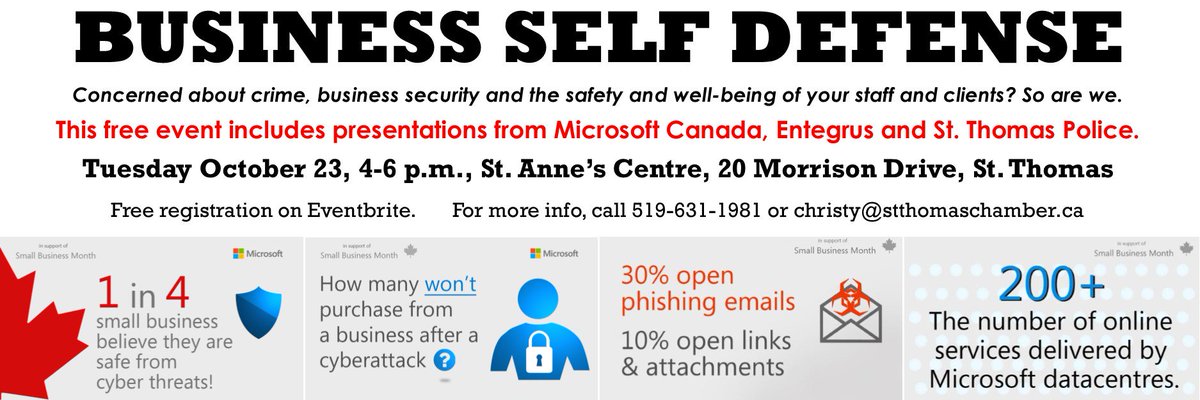 StThomasChamber's tweet photo. DON'T MISS THIS!! Learn valuable info from the experts about keeping your business safe from hackers, ransomwear and other cyber threats. Register at Eventbrite. FREE ADMISSION - EVERYONE WELCOME! #businessselfdefense #microsoftcanada #entegrus #stthomaspolice #protectwhatsyours https://t.co/3kJmHvQVij