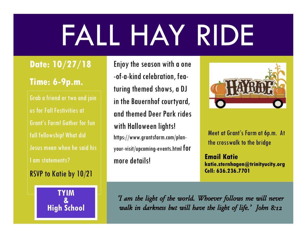 trinityucity's tweet image. On October 27th, we'll be celebrating fellowship at Grant's Farm! Be sure to RSVP by 10/21, and meet us at the crosswalk to the bridge.