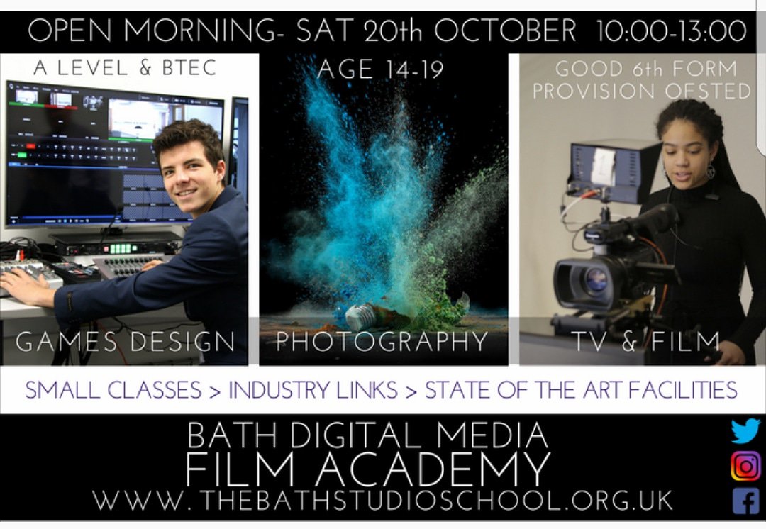 Join us tomorrow 10.00- 13.00! See our facilities and chat to staff &amp; students. Please share 😊 #CreativityIsWhatWeDo #Film #Media #Photography #Marketing #Bath #Bristol #GCSE #Alevel @WellswayMat <a href="/BathEchoWO/">Bath Echo | What's On</a> <a href="/BathLifeMag/">Bath Life</a> <a href="/MendipLiving/">Mendip Living</a> <a href="/TheBathMagazine/">The Bath Magazine</a> <a href="/bathlive/">Bath Live</a> <a href="/bathnes/">Bath & North East Somerset Council</a>