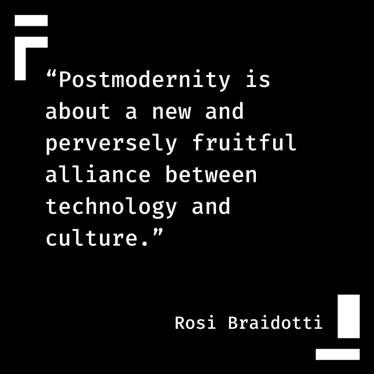 ApuliaT's tweet image. "La postmodernità riguarda una nuova e perversamente fruttuosa alleanza tra tecnologia e cultura. [...] il fattore tecnologico deve essere visto come intrecciato con l'umano. [...]"
#RosiBraidotti in "Cyberfeminism with a difference"

#apuliacenterfaat #Pingiovani #regionepuglia