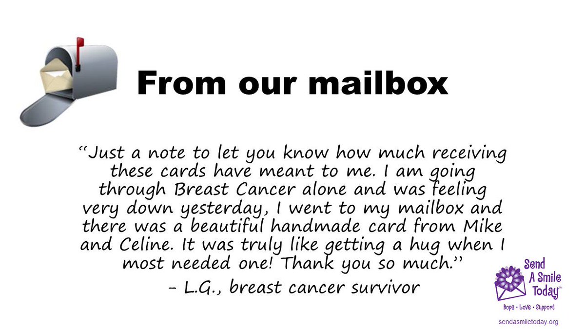 SendaSmileToday's tweet photo. A testimony for how meaningful it is to receive a card in the mail. #cardsforthosewithcancer #uplifting #cancersupport #freecardservice https://t.co/Kjv773d0P3