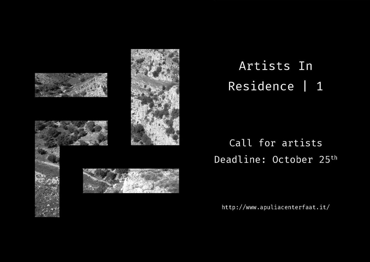 ApuliaT's tweet image. ⚡️Ultima settimana per partecipare al BANDO DI RESIDENZA ARTISTICA, SETTORE “ARTI  VISIVE, PERFORMATIVE E MULTIMEDIALI”. #Applynow
INFO &amp;gt; bit.do/eyYKw e apuliacenterfaat.it

#pingiovani #regionepuglia #residenza #artecontemporanea #apuliacenterfaat