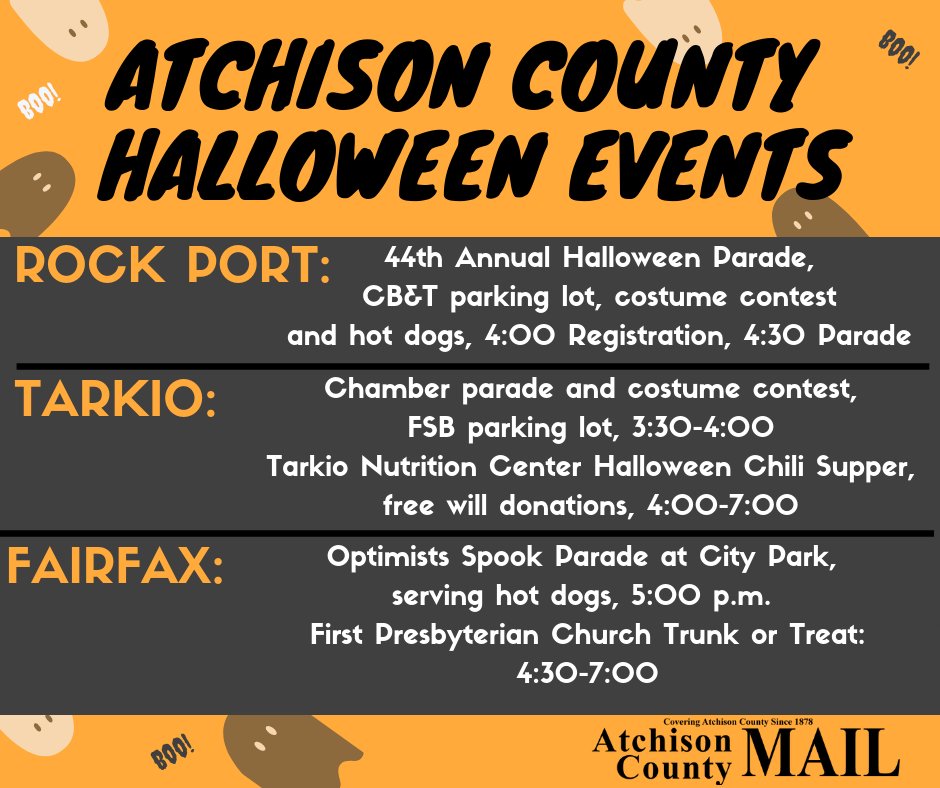 AtchCoMail's tweet photo. You better get your costumes ready, Halloween is only 2 weeks away! Here are some events going on in Atchison County on October 31st! #acisawesome #acmail #halloween https://t.co/pezT3FT9L3