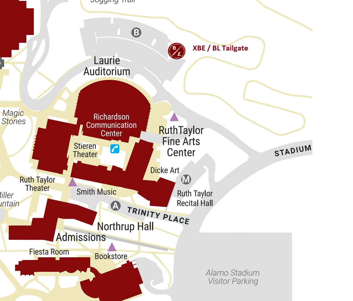 For those coming in for <a href="/TrinityUAlumni/">Trinity University Alumni Association</a> Weekend, be aware that the football game is now at Alamo Stadium at 11:00 am.  We have a new location for the <a href="/chibetaepsilon/">Chi Beta Epsilon</a> / <a href="/TUBengalLancers/">Bengal Lancers</a> tailgate! Lot B Behind <a href="/laurieaud/">Laurie Auditorium</a> .  Yes beer and wine are allowed! Starts at 8:00 till game.