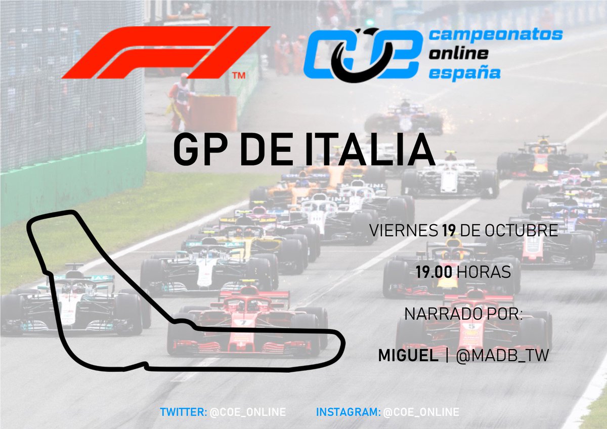 🙌 HOY COMIENZA LA 3°CARRERA DE F1COE 2018

🇮🇹 Después del parón del Viernes 12 de octubre volvemos al 3°GP de ITALIA donde los pilotos tendrán ganas de correr tras el parón. 

💥 ¿Quién subirá a lo más alto del podio? Podrás verlo en directo por el canal de @MADB_TW