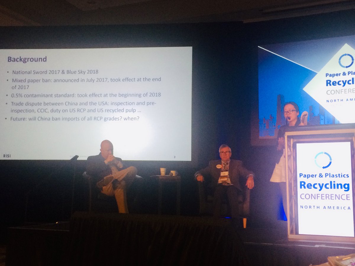 RecyclingToday's tweet photo. According to Hannah Zhao, senior economist of recovered paper @risiinfo, without recovered paper imports, most small and medium paper companies in China have had to rely 100 percent on expensive domestic OCC. #PPRC18 https://t.co/birTWWXSGg