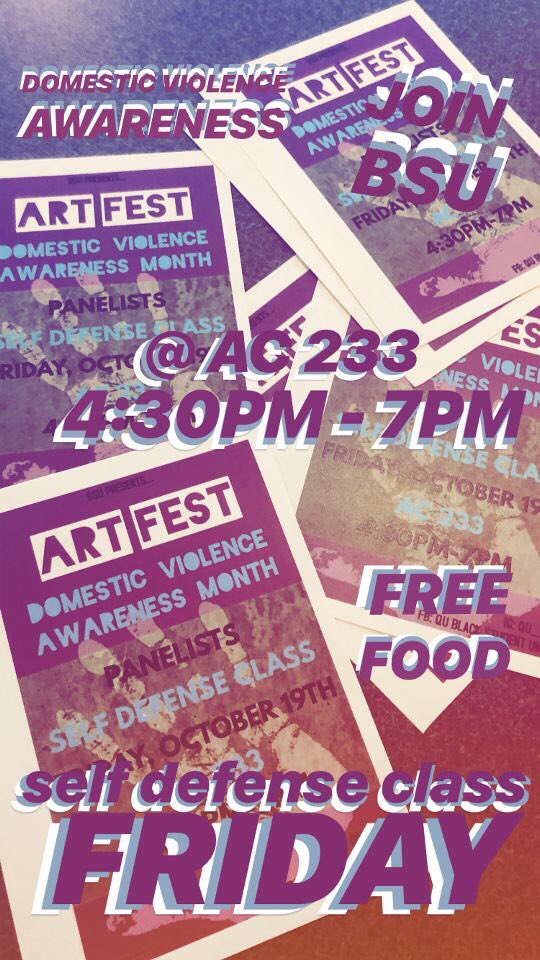SigmaBeta_SGRHO's tweet photo. TODAY, @qu_bsu will be having their annual Art Fest to raise awareness for domestic violence. Things to expect are food from Panera Bread, a panel discussion, and a self defense class instructed by Dr. Scozzafava! We hope to see you there!!! https://t.co/MUtkAyxdJs