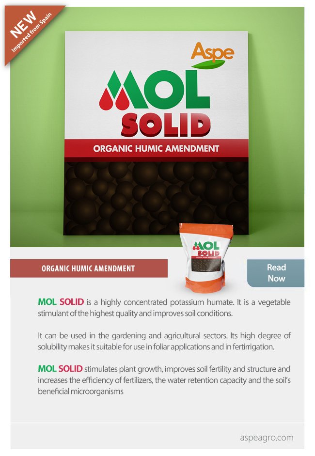 Mol Solid is a highly concentrated potassium humate that stimulates plant growth and improves the soil fertility and structure

aspeagro.com/en/news.html