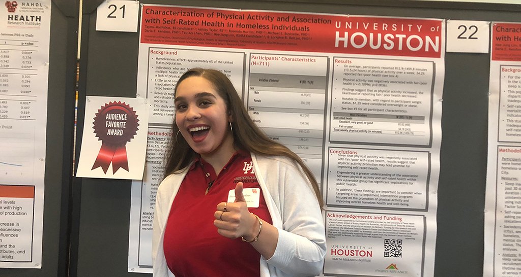 UH College of Education (@uhcoe) on Twitter photo Congrats to Tayma Machkhas (@machkhas), who won an Audience Favorite award at Undergraduate Research Day for her research about physical activity and homeless individuals. She was mentored by <a href="/LorraineReitzel/">Lorraine Reitzel</a>, chair of our <a href="/PHLSatUH/">UH PHLS Dept.</a> department: uh.edu/education/feat…. Congrats to Tayma Machkhas (@machkhas), who won an Audience Favorite award at Undergraduate Research Day for her research about physical activity and homeless individuals. She was mentored by <a href="/LorraineReitzel/">Lorraine Reitzel</a>, chair of our <a href="/PHLSatUH/">UH PHLS Dept.</a> department: uh.edu/education/feat….