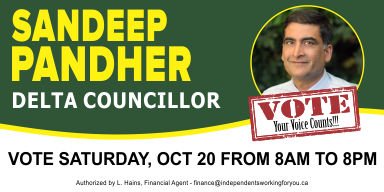 Here are our candidates for #DeltaBC City Council. Voting Day is tomorrow - Saturday, October 20 - and polls are open from 8AM to 8PM. Vote! Your Voice Matters!

#NoVoiceTooSmall #MakingDeltaBetter #TrustedCommunityLeadership