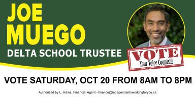 Here are our candidates for #DeltaBC School Trustee. Voting Day is tomorrow - Saturday, October 20 - and polls are open from 8AM to 8PM. Vote! Your Voice Counts!

#NoVoiceTooSmall #MakingDeltaBetter #TrustedCommunityLeadership