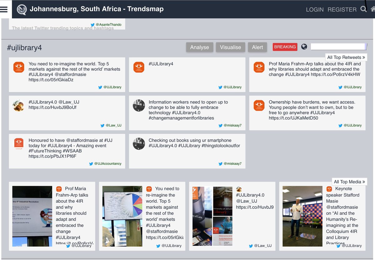 UJLibrary's tweet photo. Thanks to all of you who tweet/retweet at the #UJLibrary Colloquium on the #4IR and Library practices. The hashtag #UJLibrary4 was trending at lunch time in #Johannesburg https://t.co/Xs7jvAXIGx