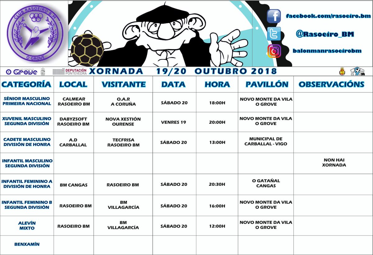 Esta tarde a las 20h abre la JORNADA el #JuveMasc que se enfrenta al @BmNovaXestion
Mañana destacamos los partidos en casa del #InfFemB y el #AlevMixto, ambos con el mismo rival, el #BmVillargacía
#InfFemA visita al <a href="/balonmancangas/">Balonmán Cangas</a>
y #CadetMasc juega ante <a href="/ADCarballal1977/">AD Carballal Oficial</a>