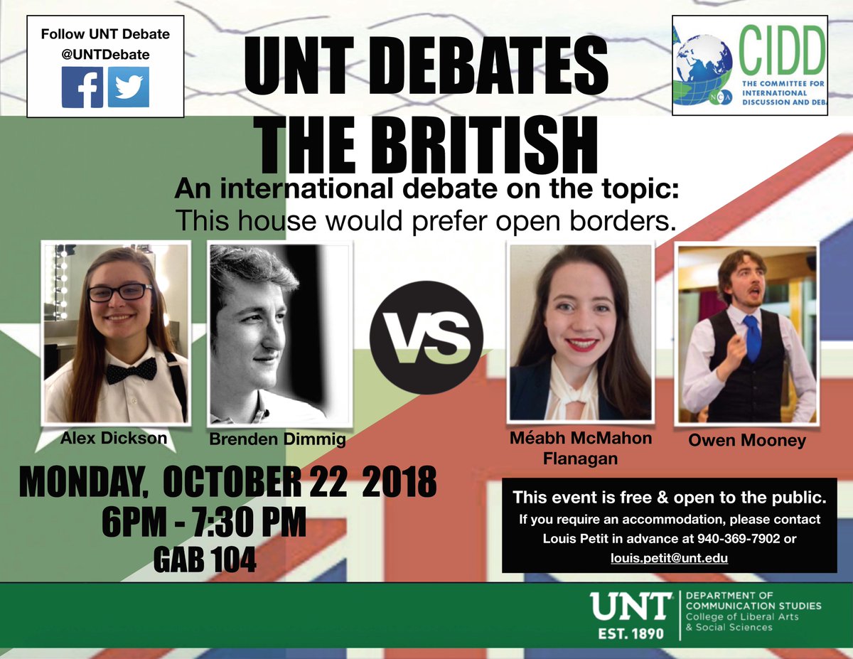 UNTComm's tweet image. The British are coming! Join us next Monday the 22nd in GAB 104 from 6:00- 7:30 p.m. to watch Alex Dickson and Brenden Dimmig from the UNT debate team take on Mèabh McMahon Flanagan and Owen Mooney with the British debate team! You won&apos;t want to miss it! #UNT #UNCOMM