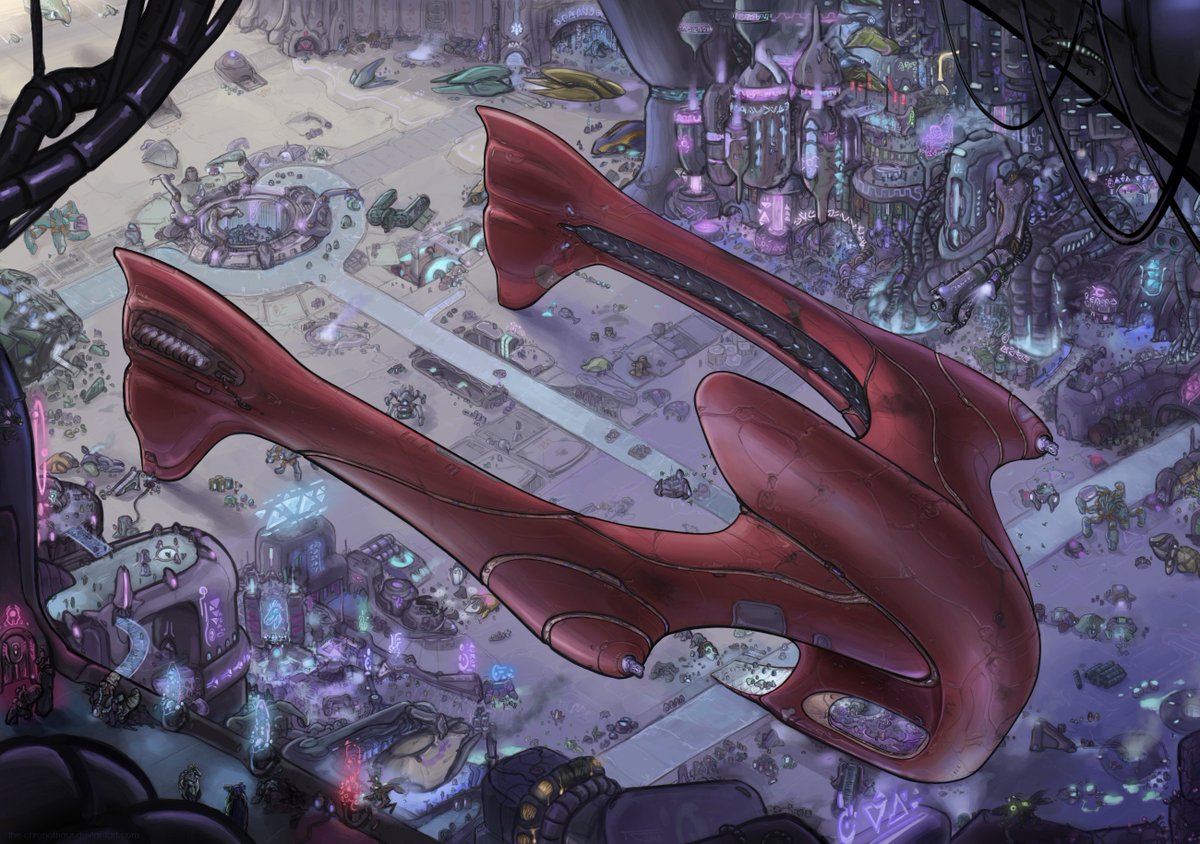 More of my #Halo stuff, this time a commissioned piece of a Covenant (or  ex-Covenant) freighter in a hangar somewhere in ex-Covy space. I had a lot  of fun with this one,, image size:1200x844