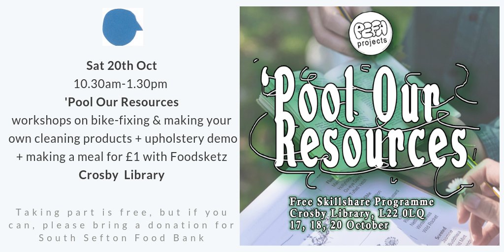 the_libraries's tweet photo. TOMORROW - Saturday - 10.30am-1.30pm 'Pool Our Resources workshops at #Crosby Library @SeftonLibraries. We've already had some brilliant sessions this week and tomorrow we're looking forward to more skill-swaps. Everyone is welcome and everything is free. https://t.co/QRCEkFj8H6