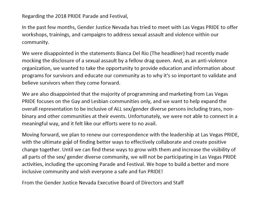 A statement from Gender Justice NV regarding Las Vegas PRIDE