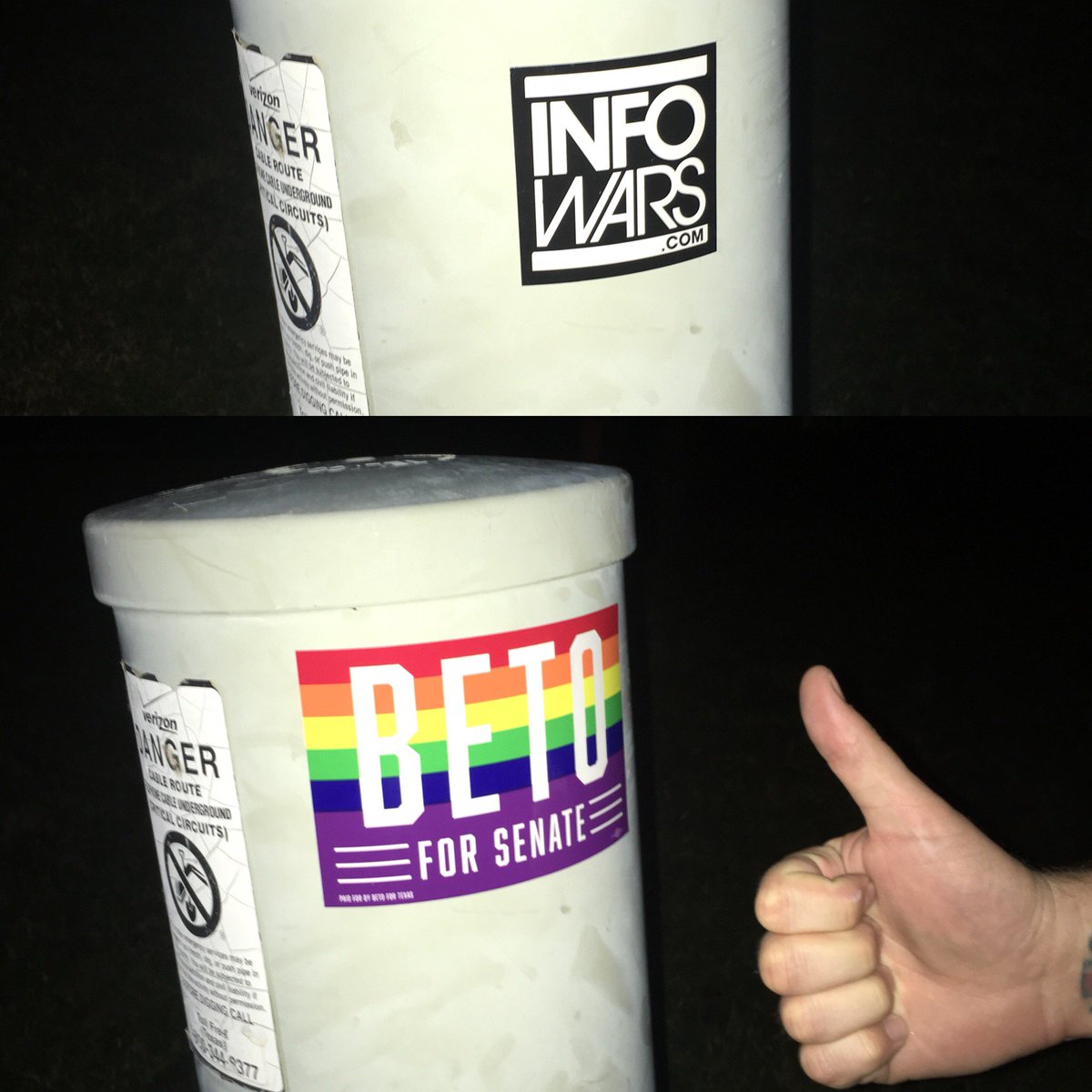 KylePhillipsFun's tweet photo. Someone in my neighborhood slapped up a handful of infowars stickers, so I fixed it. #ReplaceHateWithLove #BetoForTexas #Vote https://t.co/OcMVEgl57v