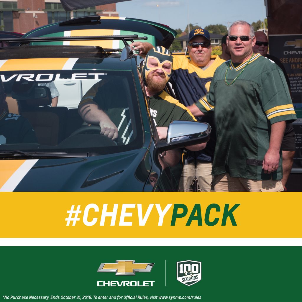 PlachAutomotive's tweet photo. Decked out in green and gold? Pics or it didn't happen. Use #ChevyPack and #Contest by showcasing your best photo to show off your team spirit. You could win an exclusive Packers luncheon experience. https://t.co/0mfAxC7usG https://t.co/GlwgtOAHWX